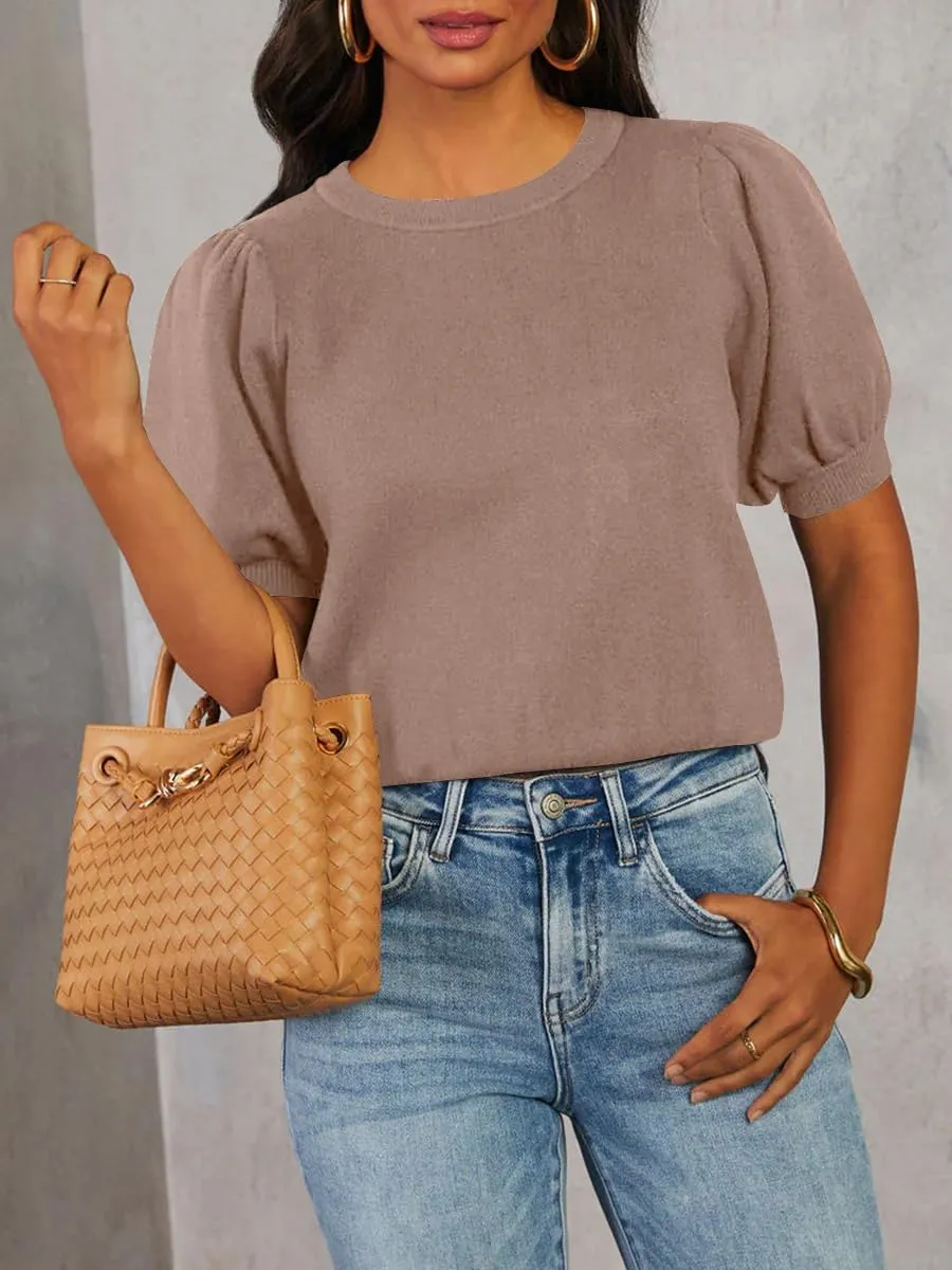BeautyNee Womens Short Sleeve Sweater Puff Short Sleeve Tops Crew Neck Basic Knit Pullover Soft Casual Pullover Shirts