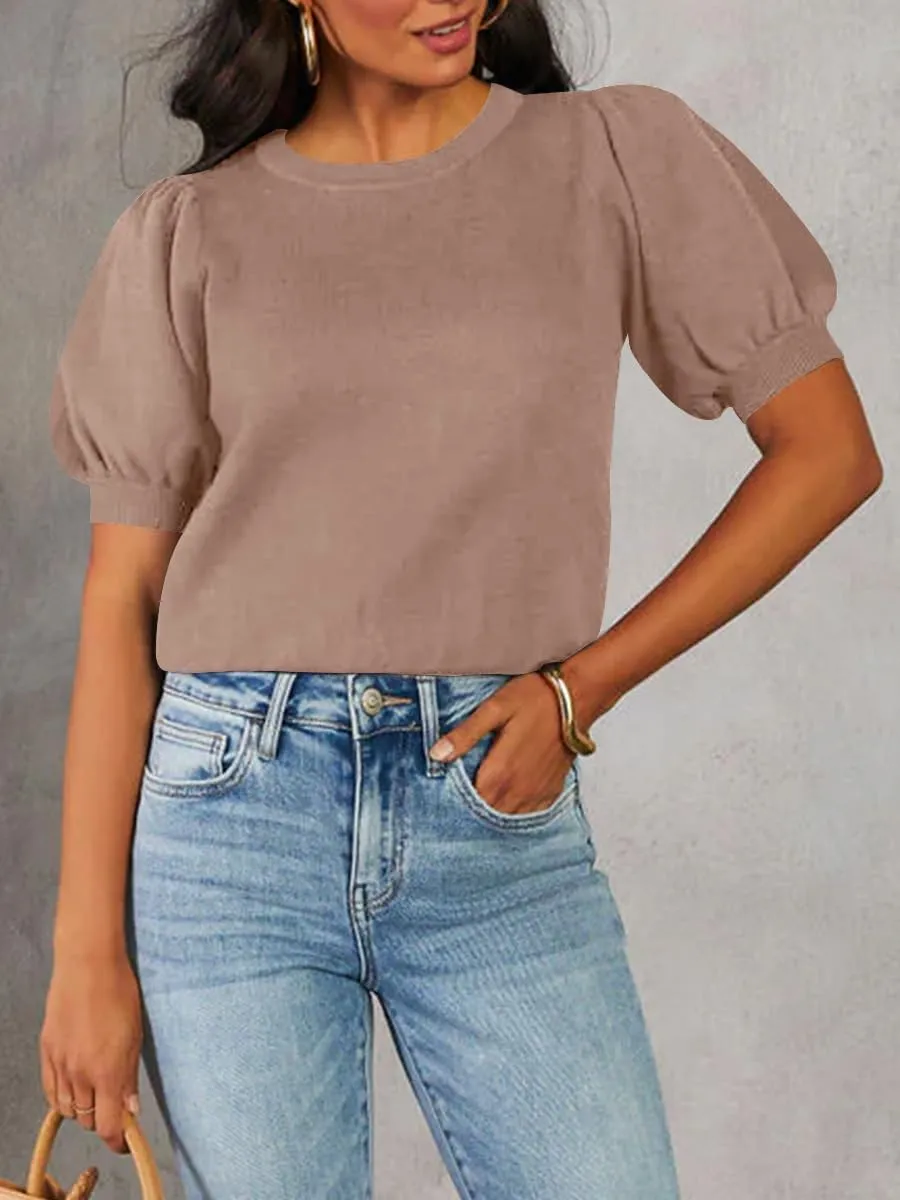 BeautyNee Womens Short Sleeve Sweater Puff Short Sleeve Tops Crew Neck Basic Knit Pullover Soft Casual Pullover Shirts