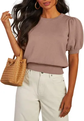 BeautyNee Womens Short Sleeve Sweater Puff Short Sleeve Tops Crew Neck Basic Knit Pullover Soft Casual Pullover Shirts