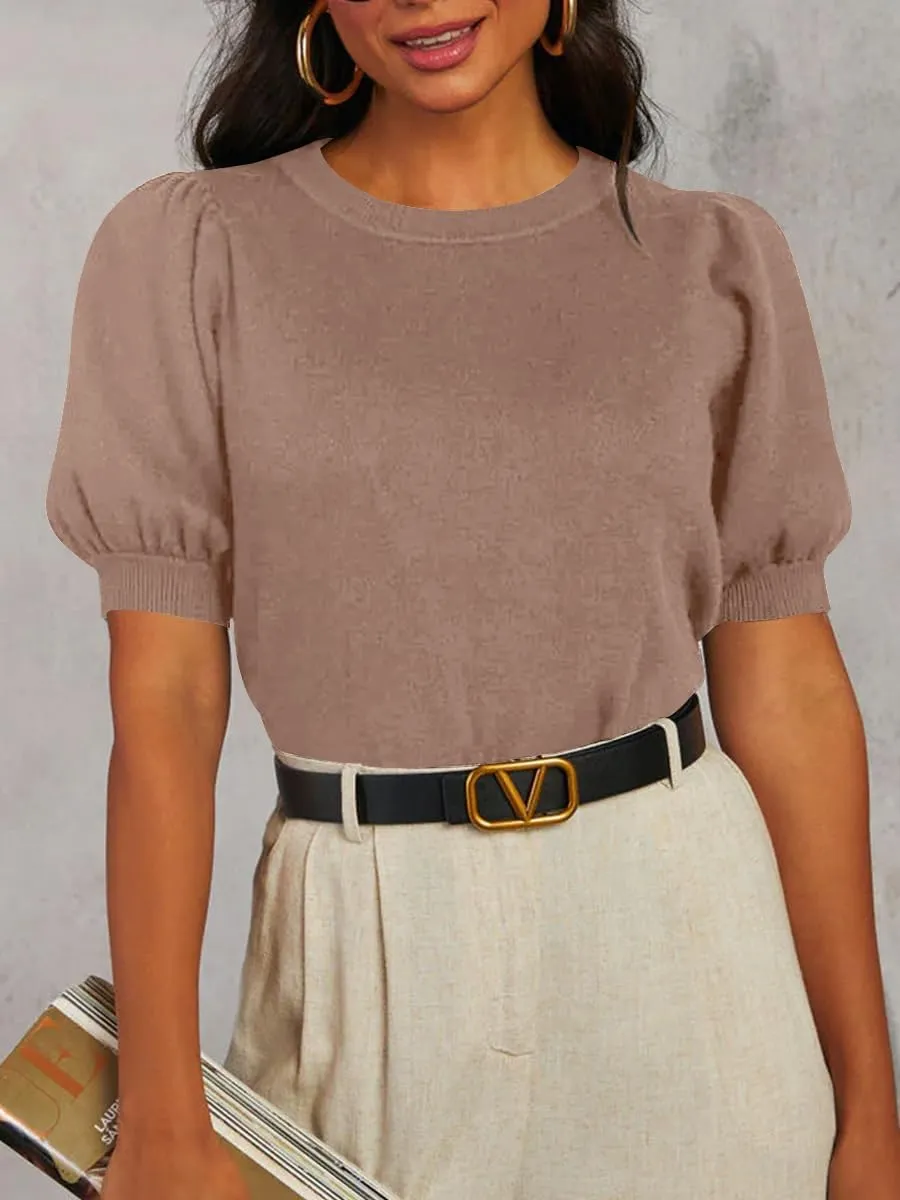 BeautyNee Womens Short Sleeve Sweater Puff Short Sleeve Tops Crew Neck Basic Knit Pullover Soft Casual Pullover Shirts