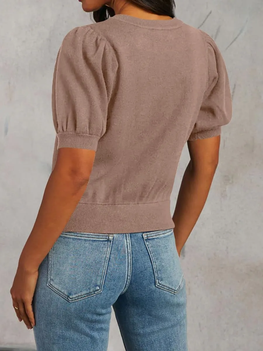 BeautyNee Womens Short Sleeve Sweater Puff Short Sleeve Tops Crew Neck Basic Knit Pullover Soft Casual Pullover Shirts