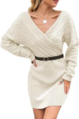 BerryGo Women's 2021 New Elegant Wrap Batwing Sleeve Pullover Sweater Dress V Neck Bodycon Sexy Knit Cocktail Winter Dress