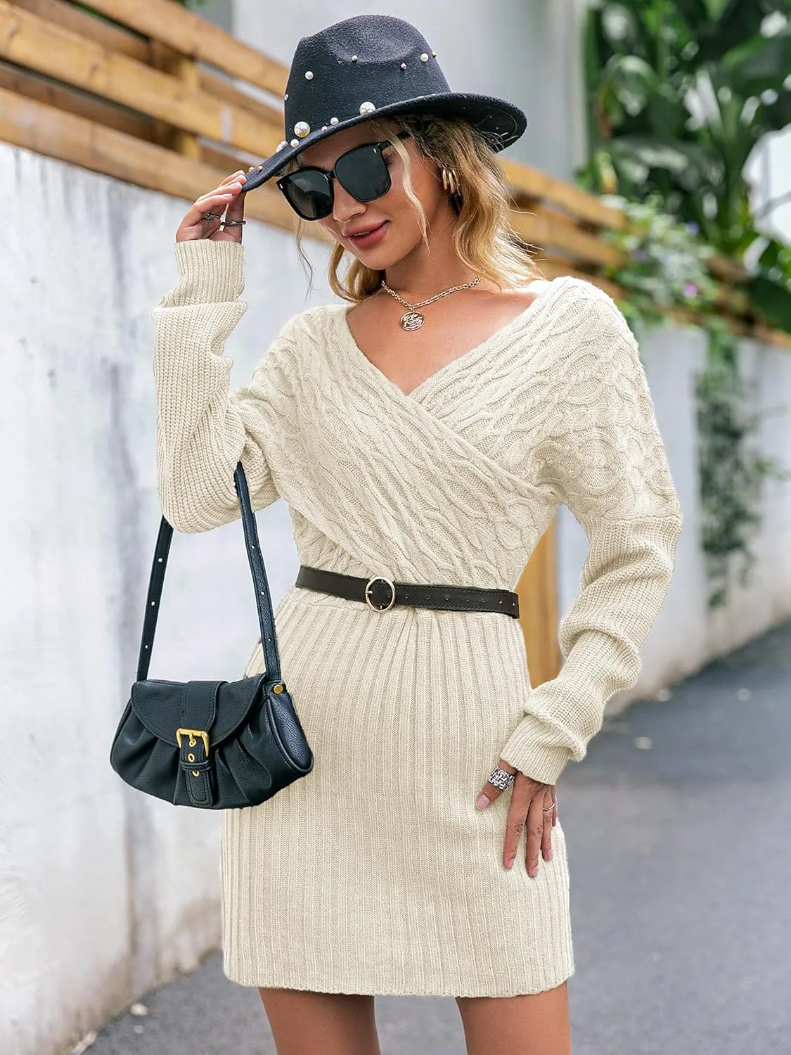 BerryGo Women's 2021 New Elegant Wrap Batwing Sleeve Pullover Sweater Dress V Neck Bodycon Sexy Knit Cocktail Winter Dress