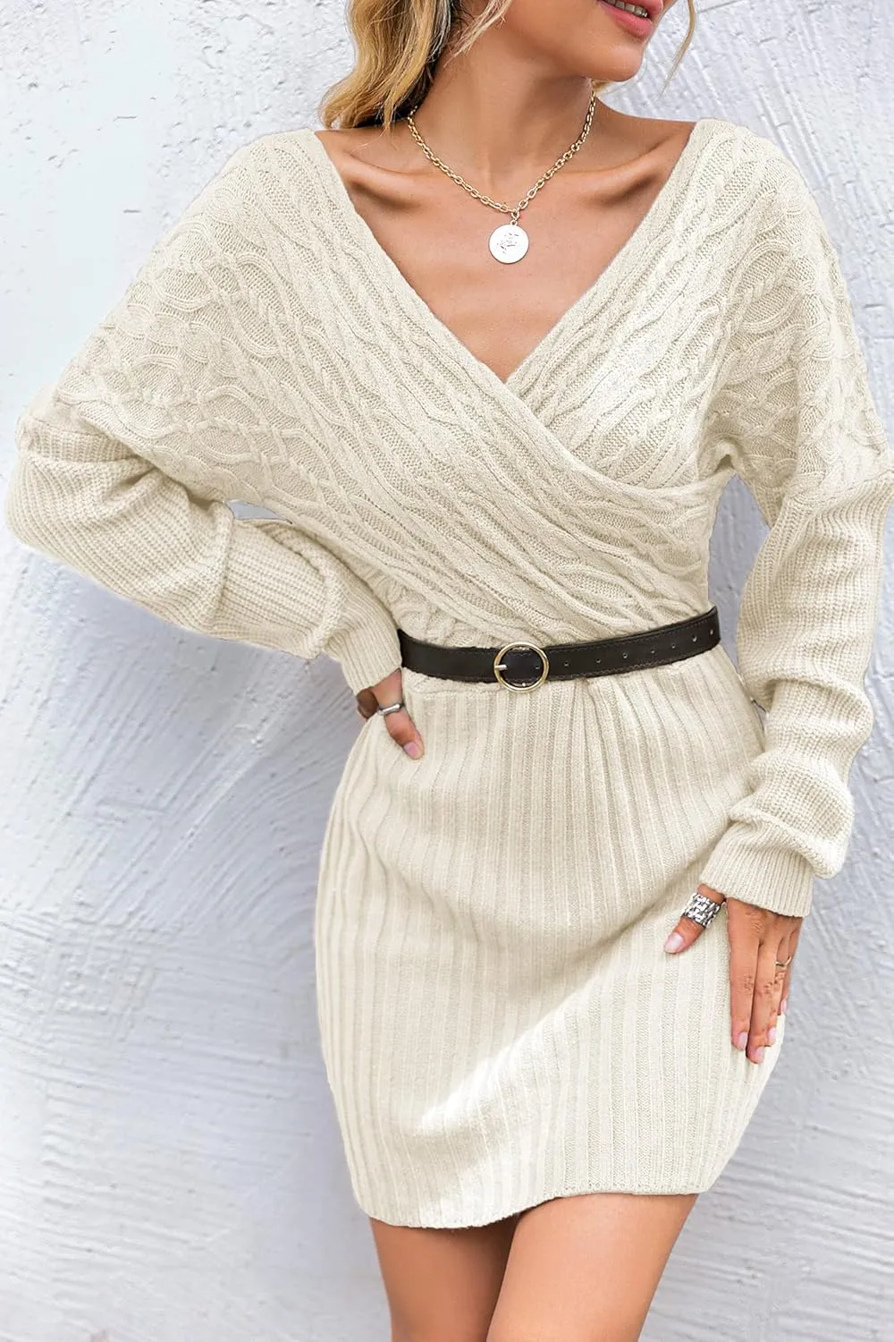 BerryGo Women's 2021 New Elegant Wrap Batwing Sleeve Pullover Sweater Dress V Neck Bodycon Sexy Knit Cocktail Winter Dress
