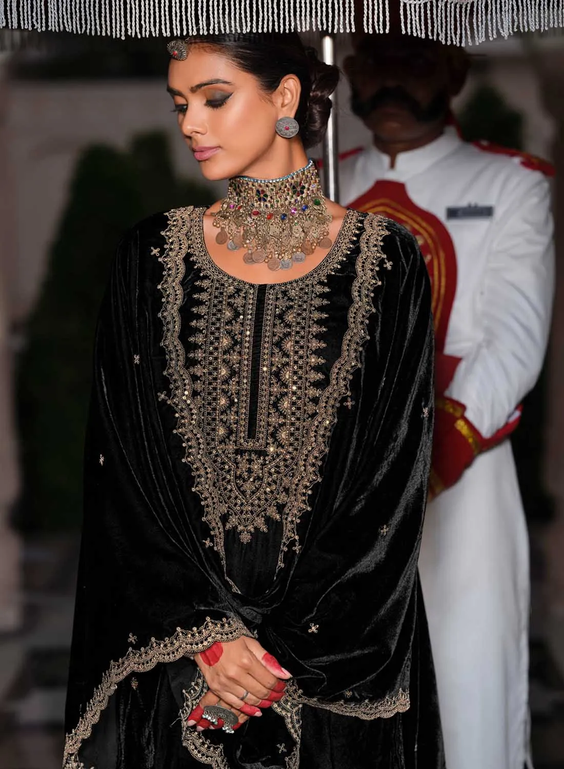 Black Party Wear Unstitched Winter Velvet Suit Dress Material with Embroidery