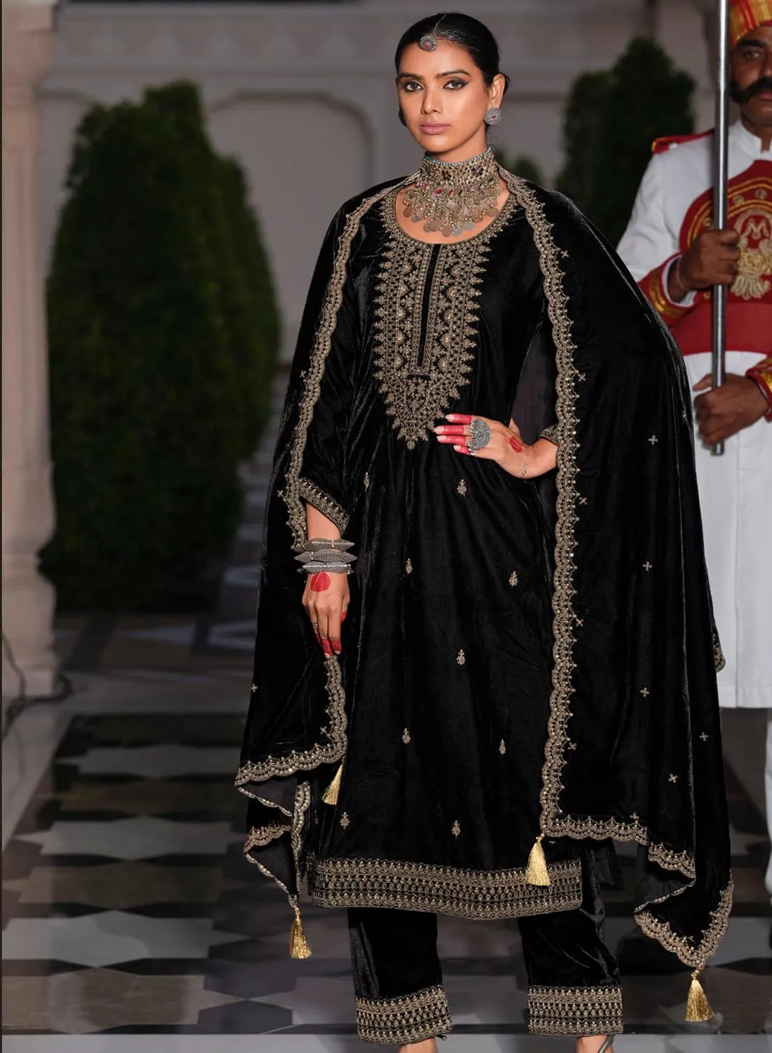 Black Party Wear Unstitched Winter Velvet Suit Dress Material with Embroidery