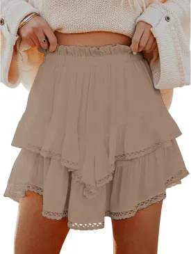 Boho Mini Skirts for Women Summer Flowy Elastic High Waist Tiered Ruffle Hem Skorts Casual Fashion Lace Beach Skirts
