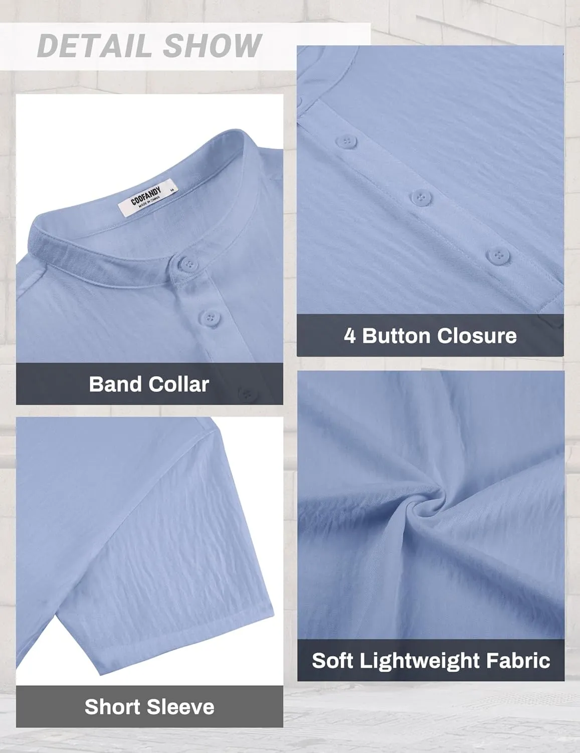 COOFANDY Men's Casual Henley Shirt Short Sleeve Linen Shirt Band Collar Summer Hippie Beach T-Shirts