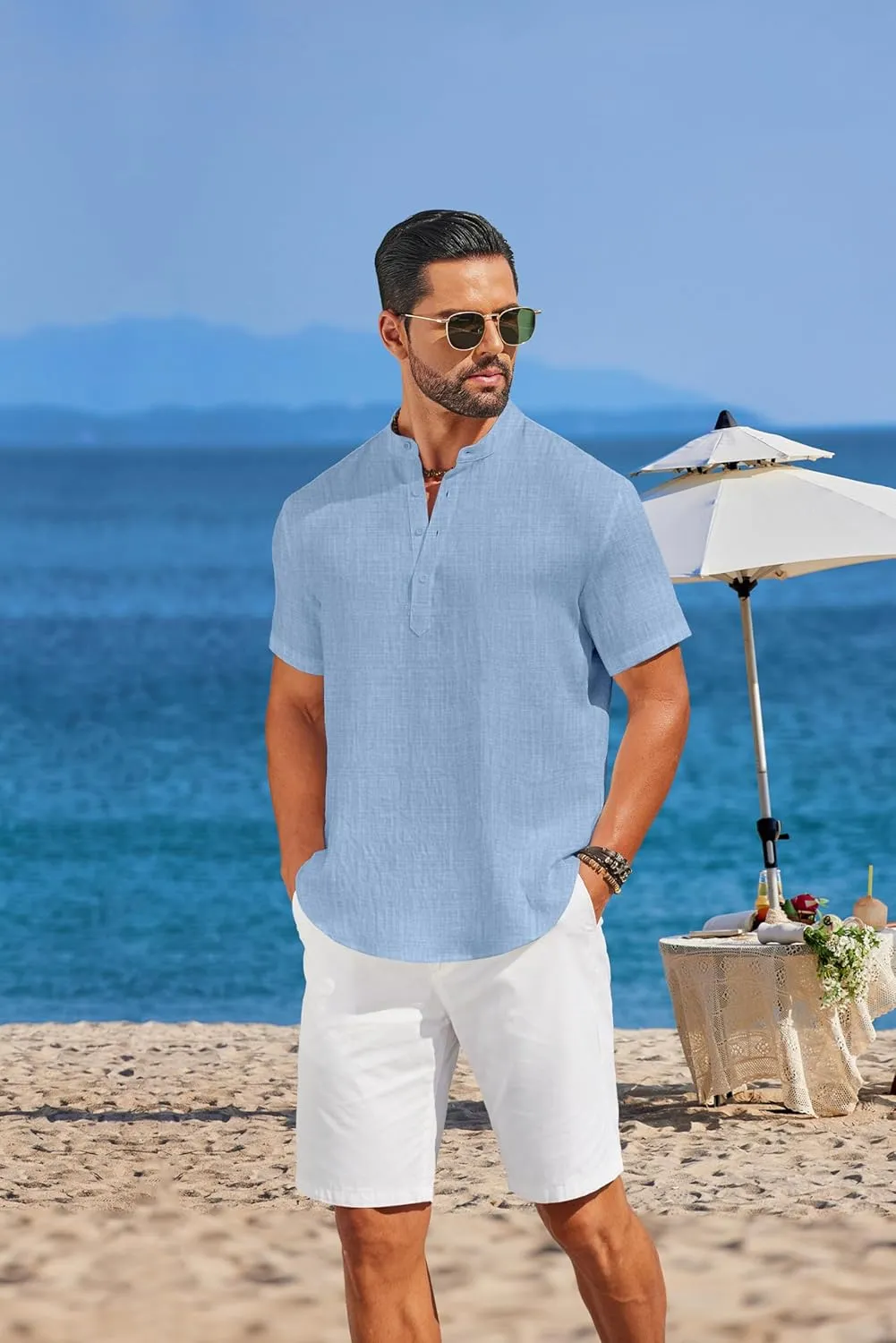 COOFANDY Men's Casual Henley Shirt Short Sleeve Linen Shirt Band Collar Summer Hippie Beach T-Shirts