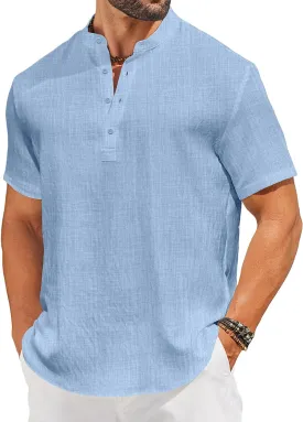 COOFANDY Men's Casual Henley Shirt Short Sleeve Linen Shirt Band Collar Summer Hippie Beach T-Shirts