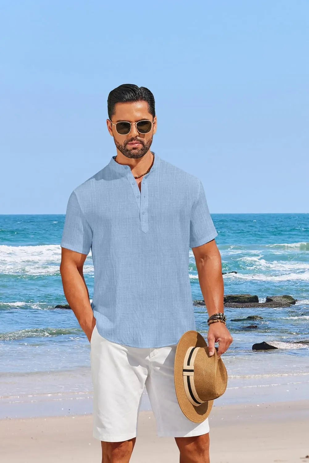 COOFANDY Men's Casual Henley Shirt Short Sleeve Linen Shirt Band Collar Summer Hippie Beach T-Shirts