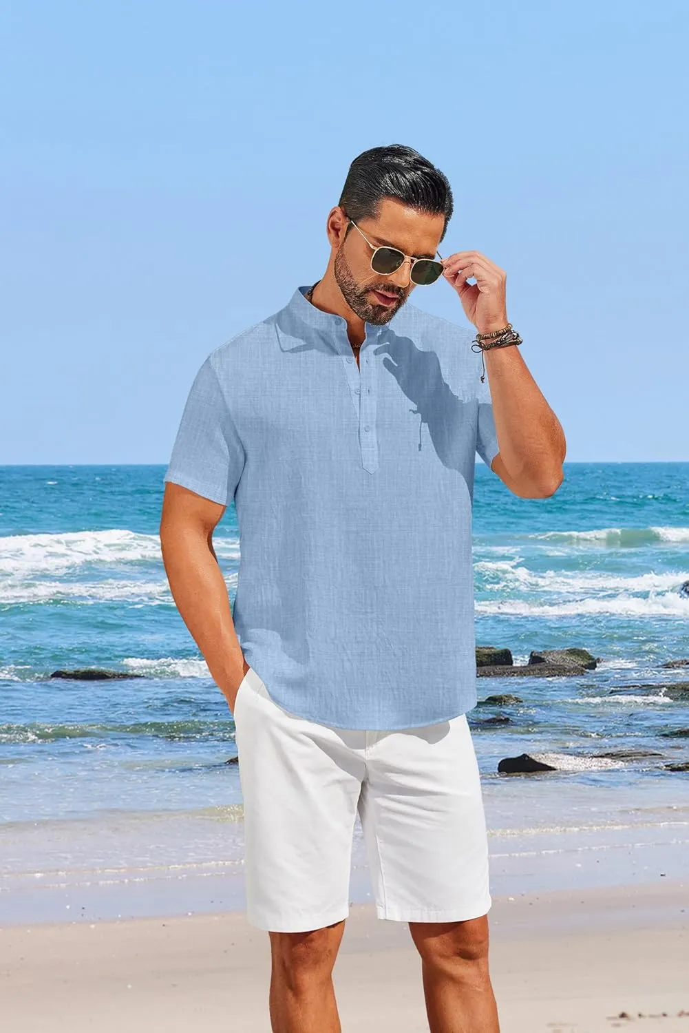 COOFANDY Men's Casual Henley Shirt Short Sleeve Linen Shirt Band Collar Summer Hippie Beach T-Shirts