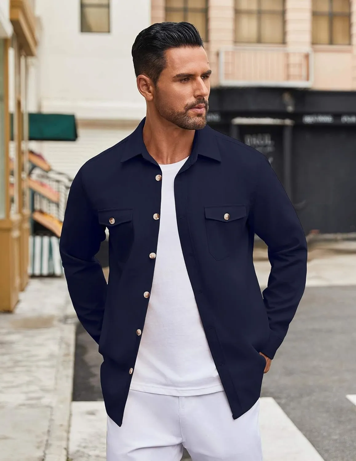 COOFANDY Men's Casual Shirt Jacket Linen Button Down Shirt Long Sleeve Lightweight Shacket with Pockets
