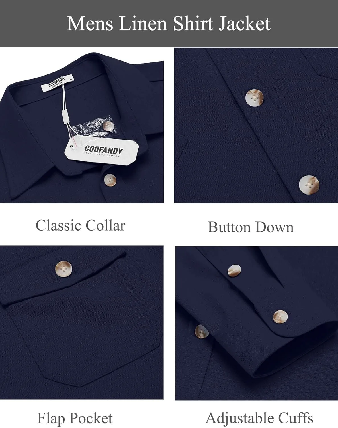 COOFANDY Men's Casual Shirt Jacket Linen Button Down Shirt Long Sleeve Lightweight Shacket with Pockets
