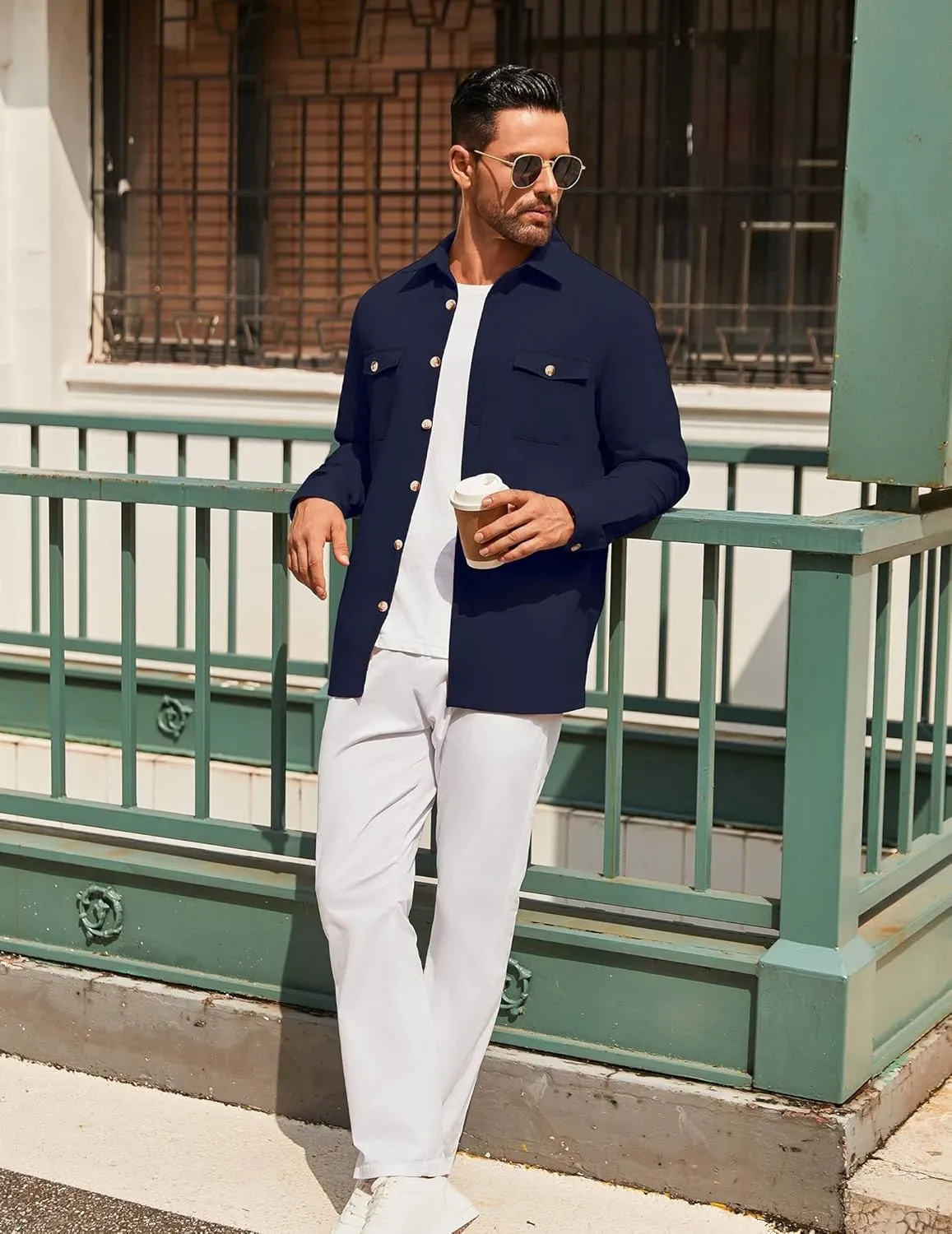 COOFANDY Men's Casual Shirt Jacket Linen Button Down Shirt Long Sleeve Lightweight Shacket with Pockets