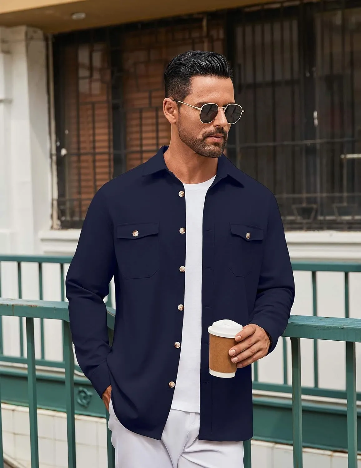 COOFANDY Men's Casual Shirt Jacket Linen Button Down Shirt Long Sleeve Lightweight Shacket with Pockets