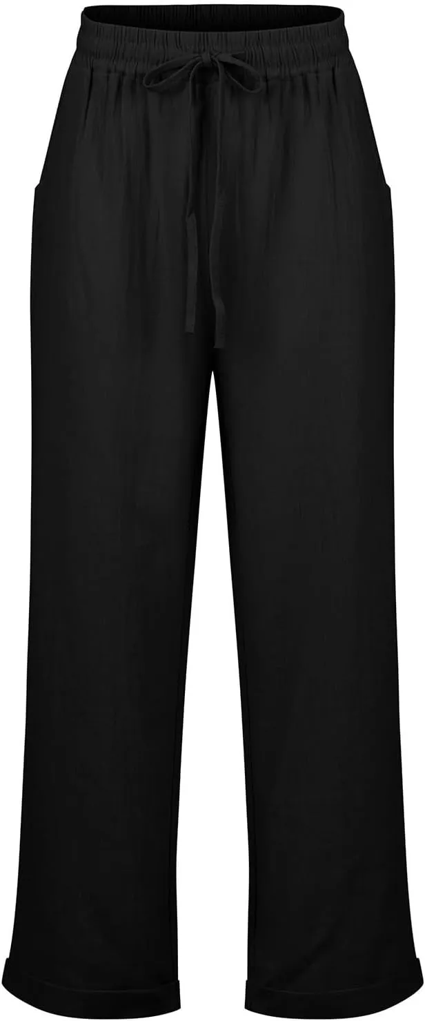 Cropped Linen Pants Women Plus Size Drawstring Elastic High Waisted Joggers Lightweight Summer Ankle Pants w/Pockets