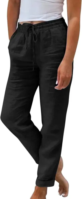 Cropped Linen Pants Women Plus Size Drawstring Elastic High Waisted Joggers Lightweight Summer Ankle Pants w/Pockets