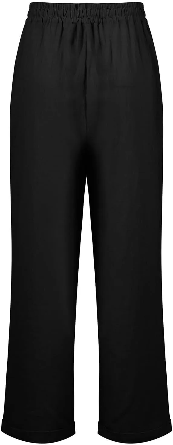 Cropped Linen Pants Women Plus Size Drawstring Elastic High Waisted Joggers Lightweight Summer Ankle Pants w/Pockets