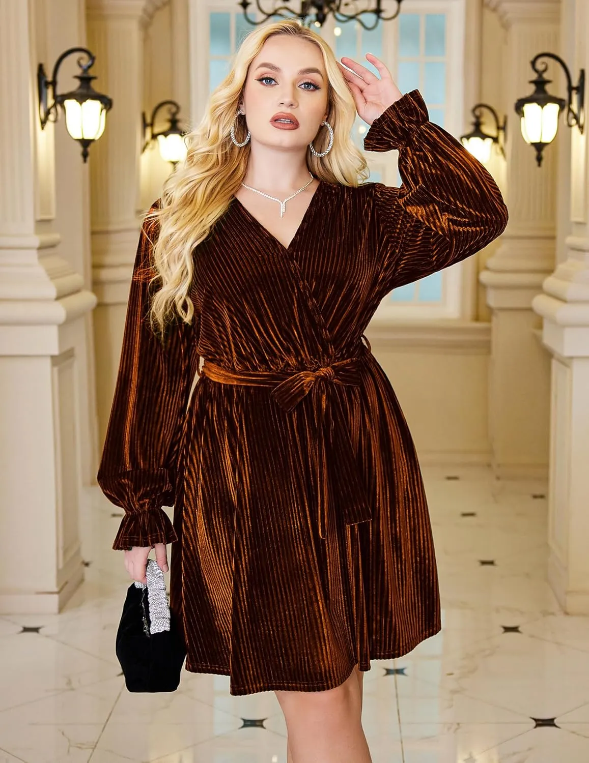 IN'VOLAND Women's Plus Size Velvet Dress Wrap Sexy V Neck Flared Cocktail Party Dresses Long Sleeve Semi Formal Mini Dress