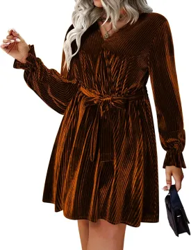IN'VOLAND Women's Plus Size Velvet Dress Wrap Sexy V Neck Flared Cocktail Party Dresses Long Sleeve Semi Formal Mini Dress