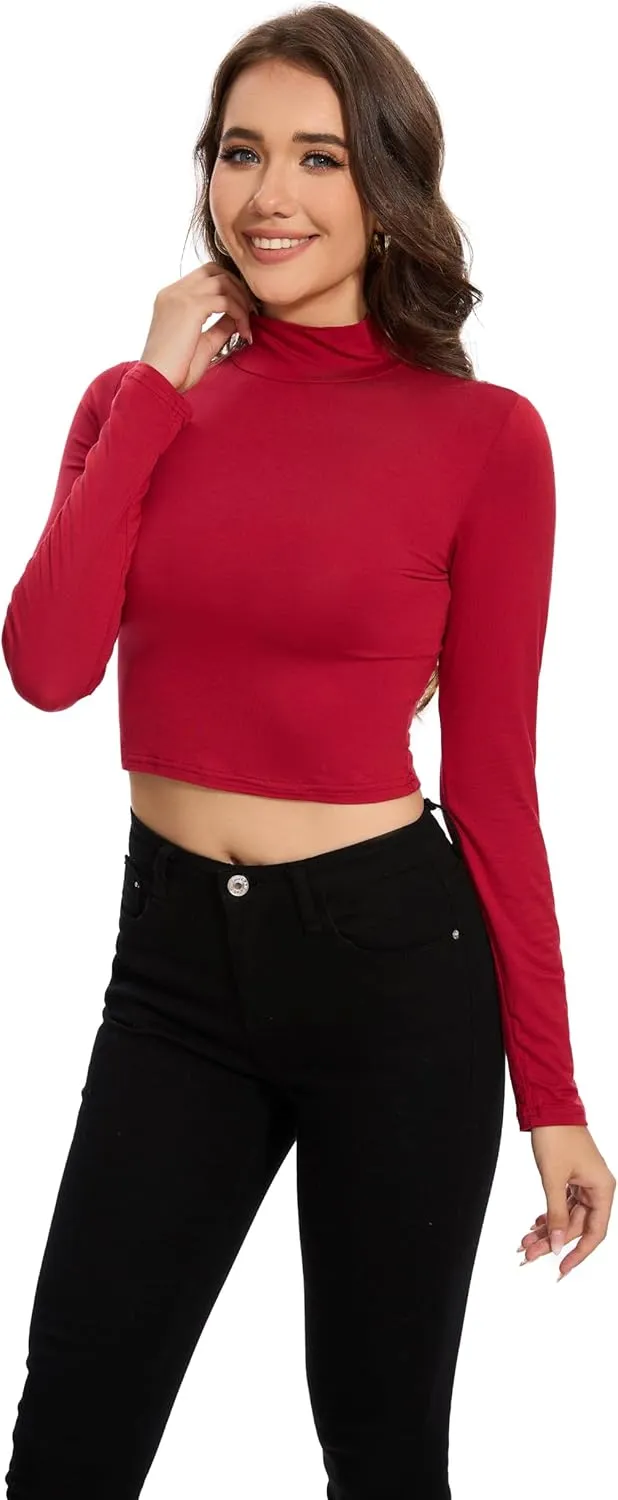 MadHeart Womens Long Sleeve Crop Tops Slim Fit Cropped Mock Neck Base Layer Shirts