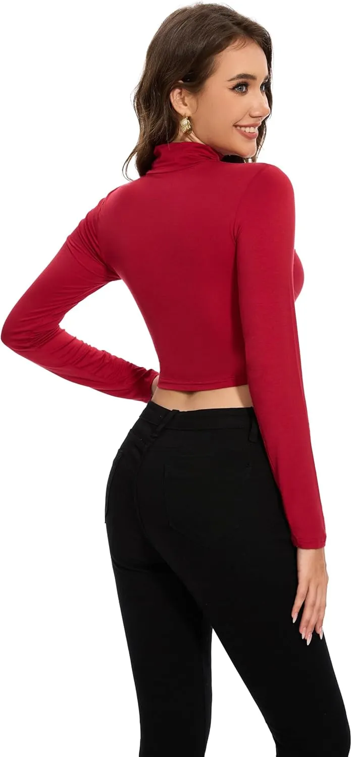 MadHeart Womens Long Sleeve Crop Tops Slim Fit Cropped Mock Neck Base Layer Shirts