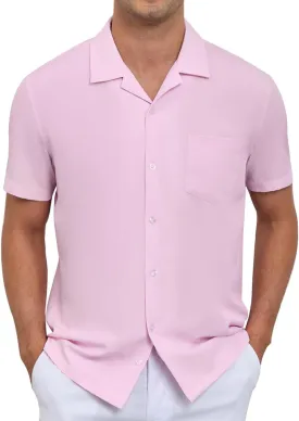 Men's Short Sleeve Button Down Shirt Cuban Collar Anti-Wrinkle Shirt Casual Summer Beach Shirt