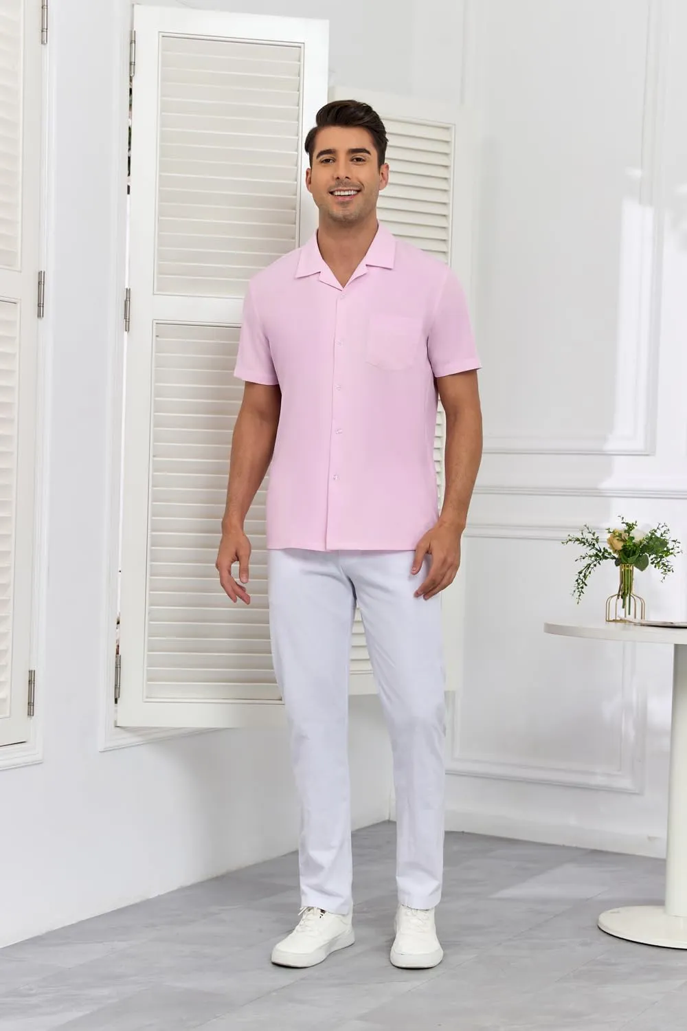 Men's Short Sleeve Button Down Shirt Cuban Collar Anti-Wrinkle Shirt Casual Summer Beach Shirt