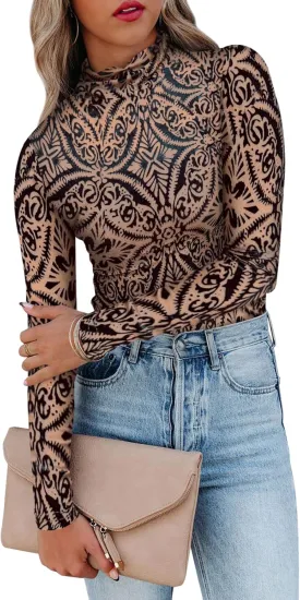 miduo Womens Slim Fit Velvet Burnout Top Cowl Neck Long Sleeve See Through Shirt Blouses Tops