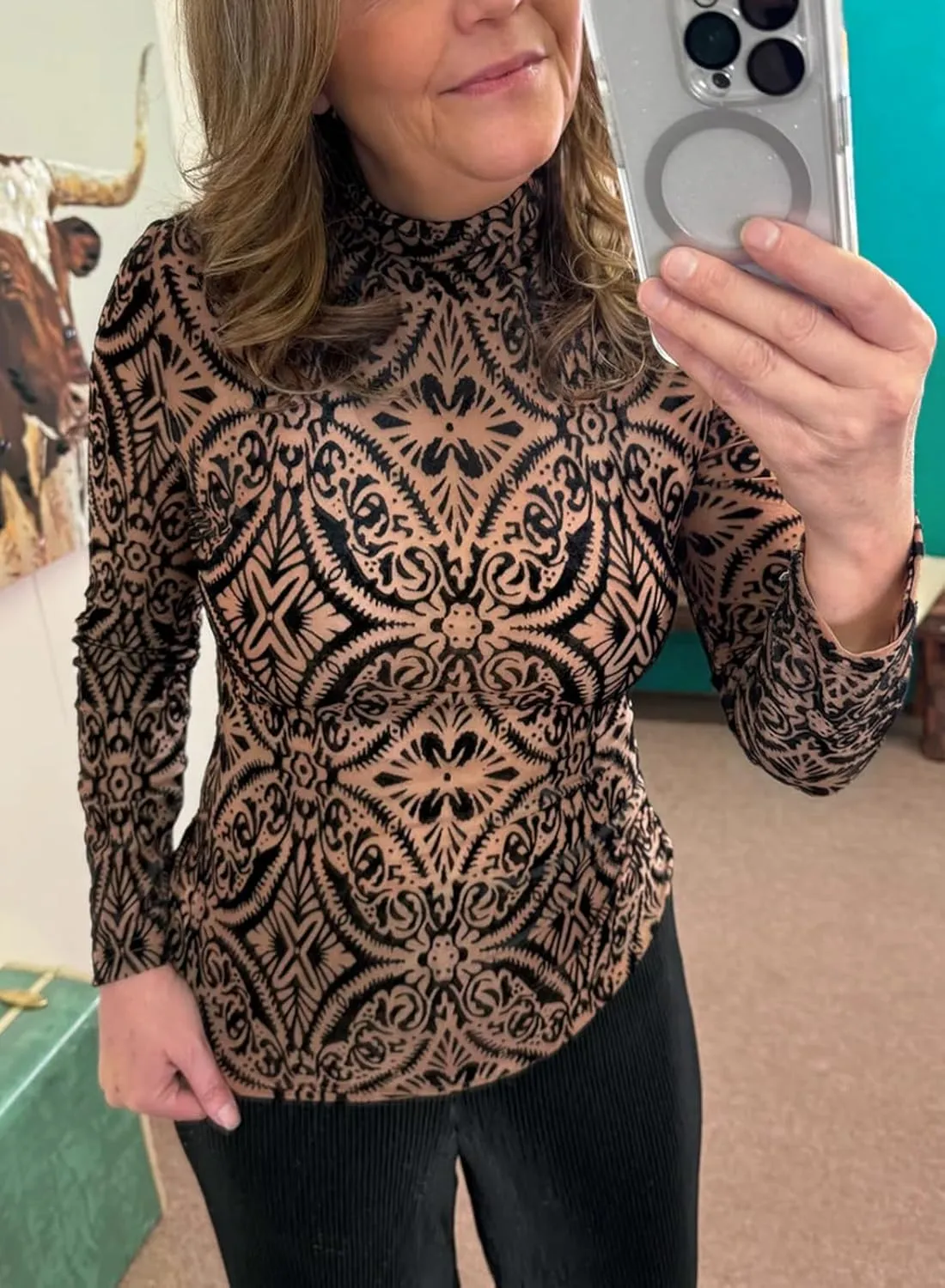miduo Womens Slim Fit Velvet Burnout Top Cowl Neck Long Sleeve See Through Shirt Blouses Tops