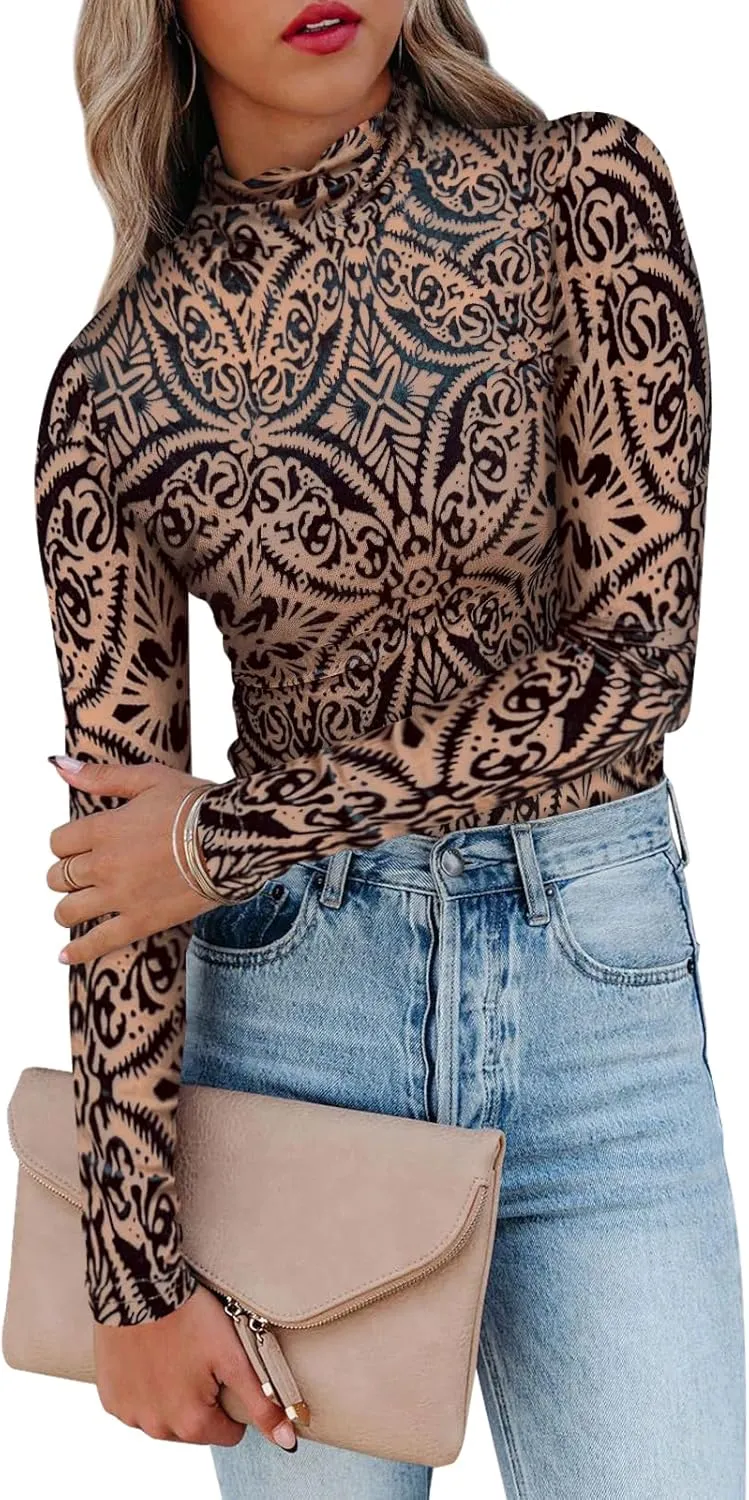 miduo Womens Slim Fit Velvet Burnout Top Cowl Neck Long Sleeve See Through Shirt Blouses Tops