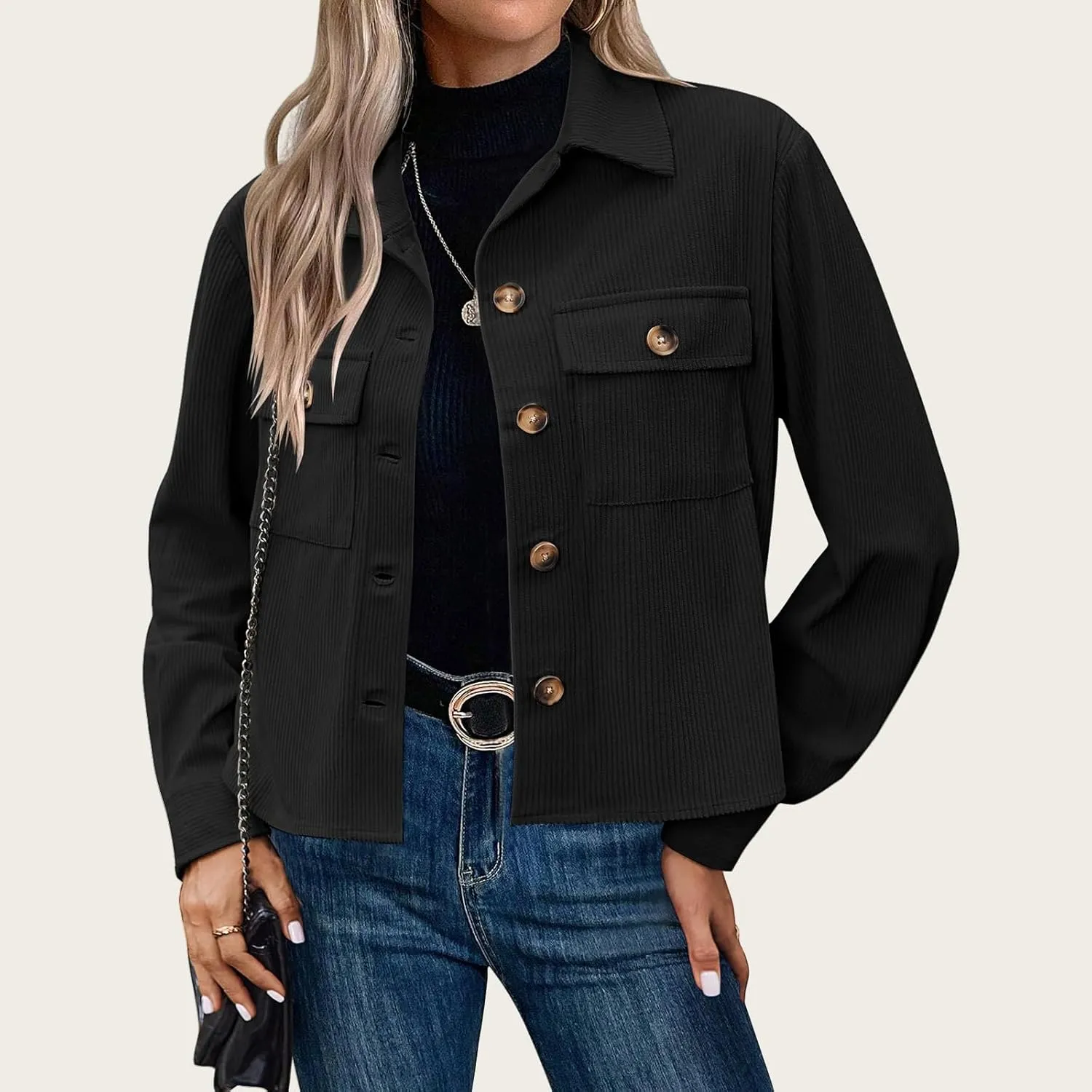 Mmoneyake Corduroy Jacket Women Fashion Cropped Shackets Button Down Crop Jackets Casual Long Sleeve Shirts Fall Coat Tops