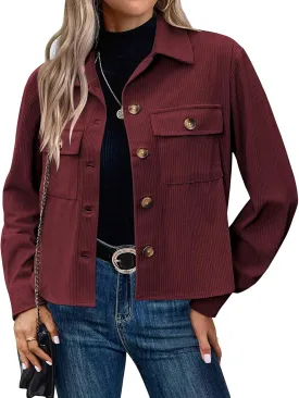 Mmoneyake Corduroy Jacket Women Fashion Cropped Shackets Button Down Crop Jackets Casual Long Sleeve Shirts Fall Coat Tops