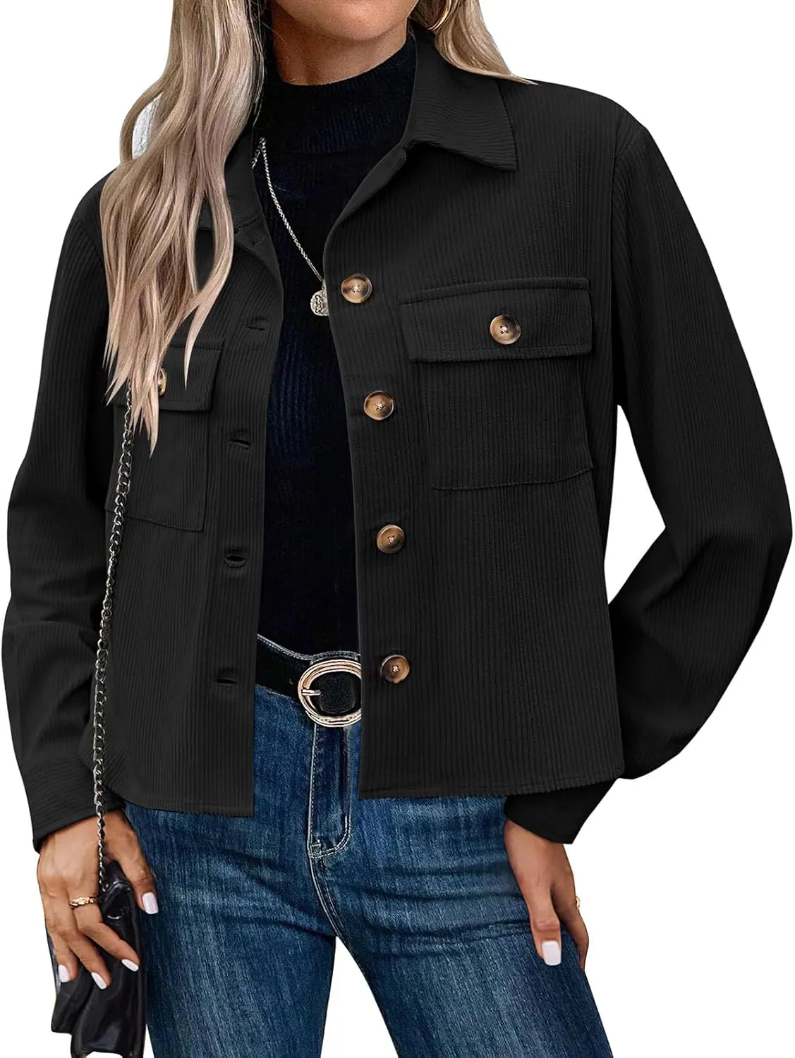 Mmoneyake Corduroy Jacket Women Fashion Cropped Shackets Button Down Crop Jackets Casual Long Sleeve Shirts Fall Coat Tops