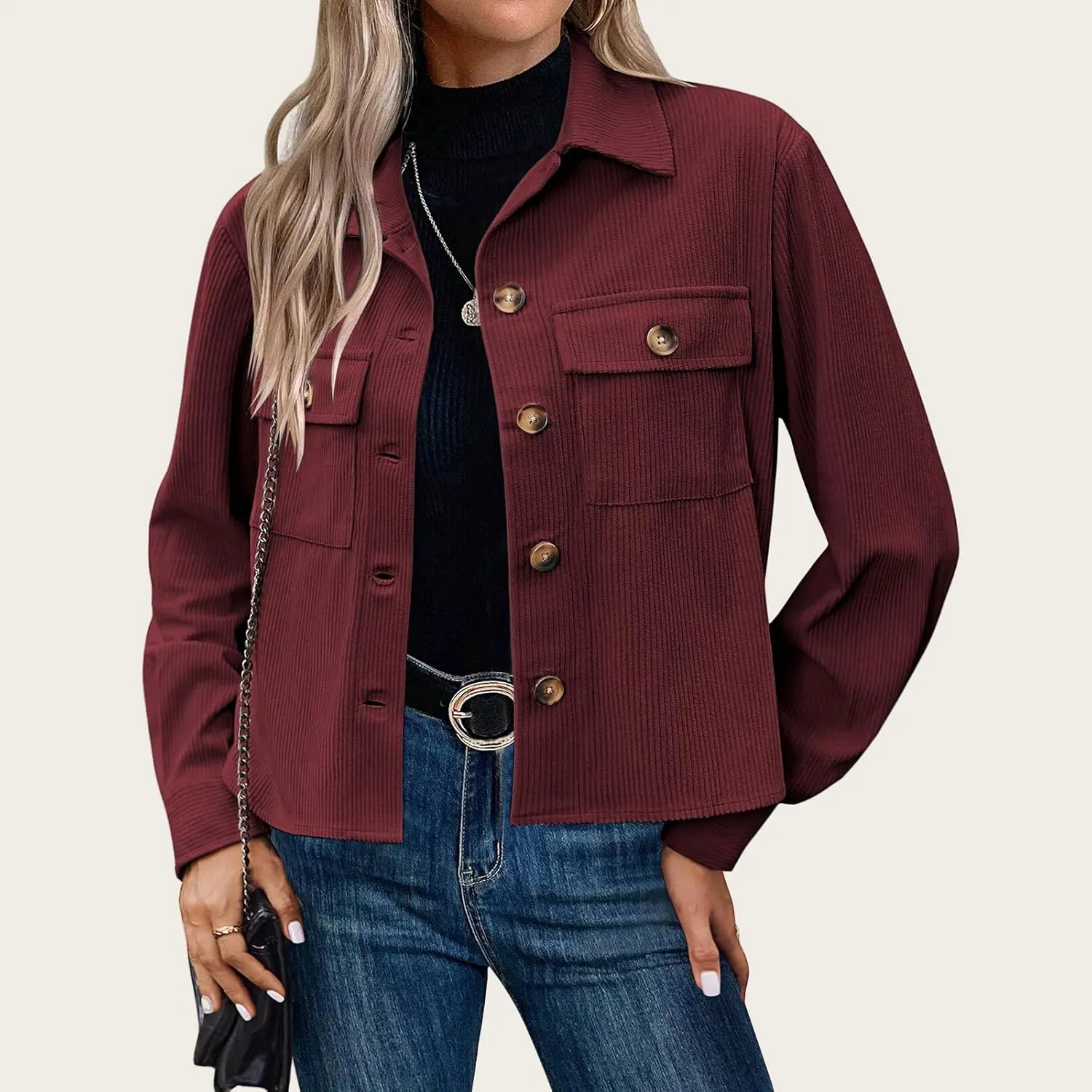 Mmoneyake Corduroy Jacket Women Fashion Cropped Shackets Button Down Crop Jackets Casual Long Sleeve Shirts Fall Coat Tops