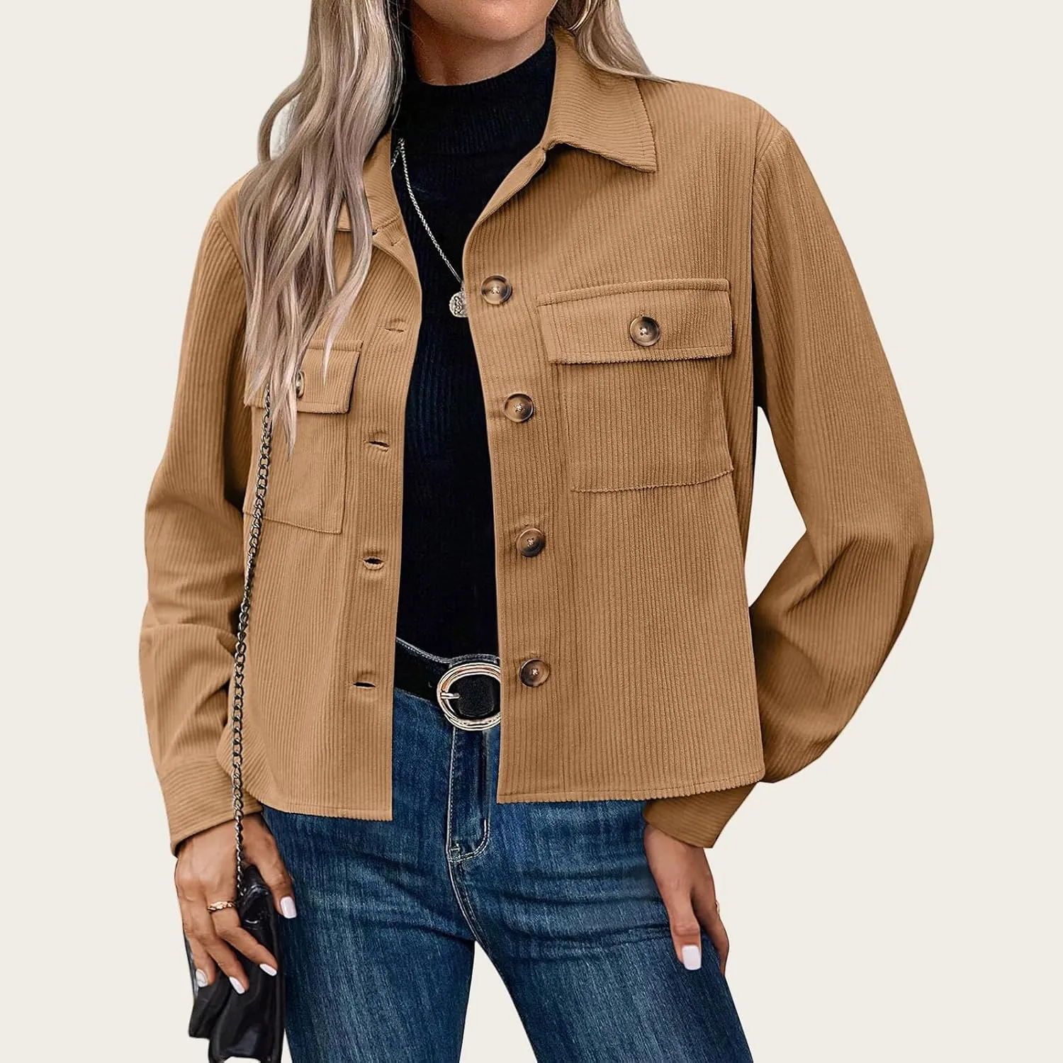 Mmoneyake Corduroy Jacket Women Fashion Cropped Shackets Button Down Crop Jackets Casual Long Sleeve Shirts Fall Coat Tops