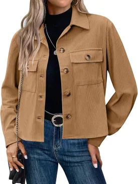 Mmoneyake Corduroy Jacket Women Fashion Cropped Shackets Button Down Crop Jackets Casual Long Sleeve Shirts Fall Coat Tops