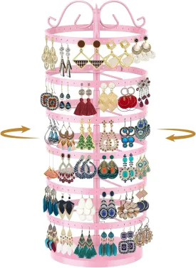 MODOWEY 6 Tier Rotating Metal Earring Holder Organizer Stand Adjustable Display Tree for Women, 264 Holes Large Storage Rack for Stud Post Dangling Hoop, Keep Earrings Neatly Arranged(Pink)