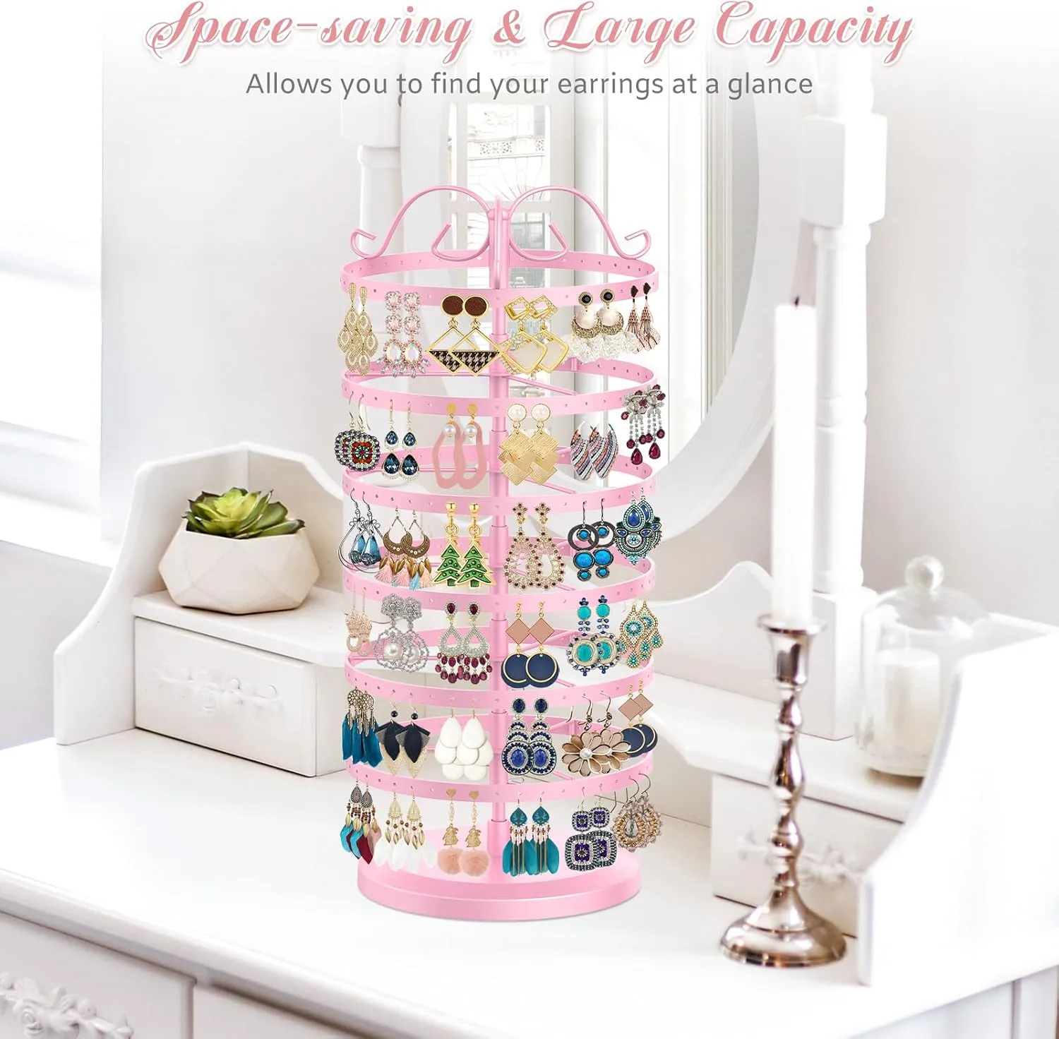 MODOWEY 6 Tier Rotating Metal Earring Holder Organizer Stand Adjustable Display Tree for Women, 264 Holes Large Storage Rack for Stud Post Dangling Hoop, Keep Earrings Neatly Arranged(Pink)