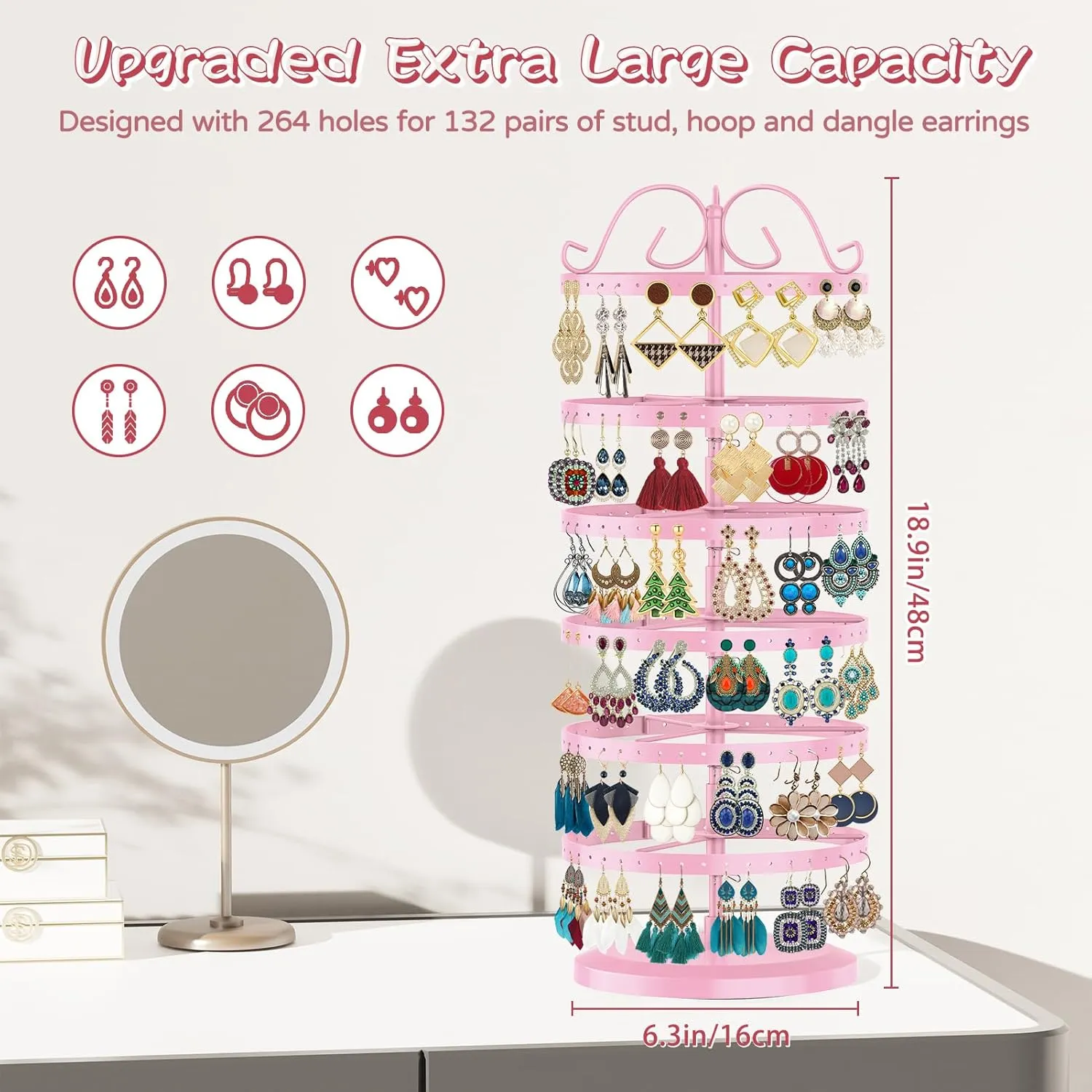 MODOWEY 6 Tier Rotating Metal Earring Holder Organizer Stand Adjustable Display Tree for Women, 264 Holes Large Storage Rack for Stud Post Dangling Hoop, Keep Earrings Neatly Arranged(Pink)