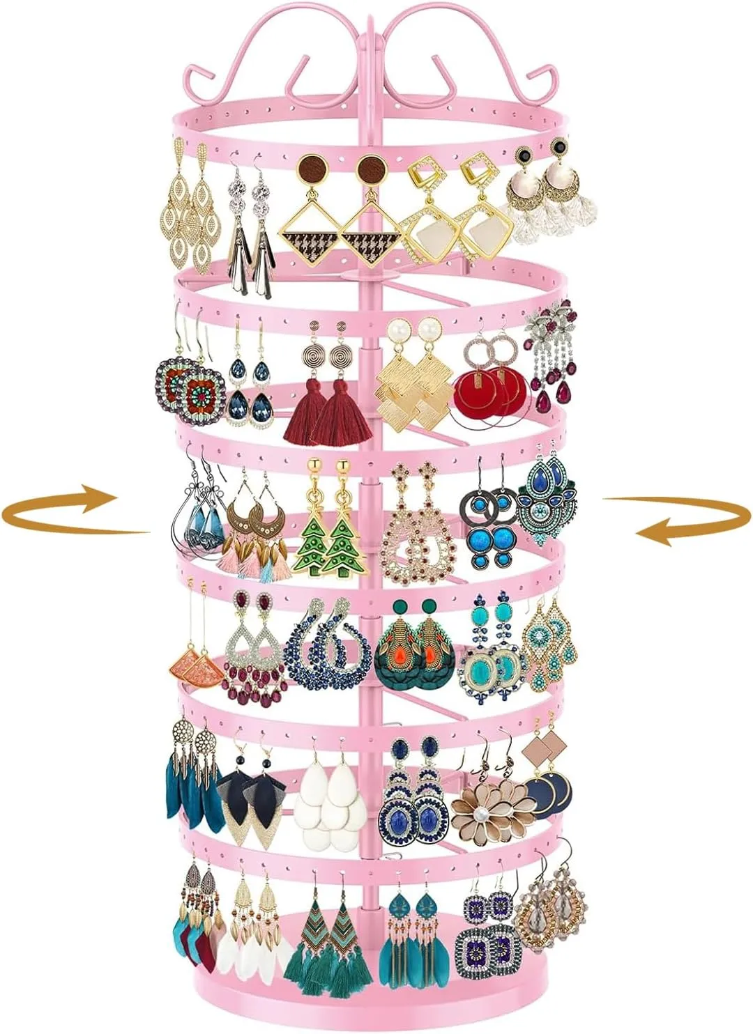 MODOWEY 6 Tier Rotating Metal Earring Holder Organizer Stand Adjustable Display Tree for Women, 264 Holes Large Storage Rack for Stud Post Dangling Hoop, Keep Earrings Neatly Arranged(Pink)
