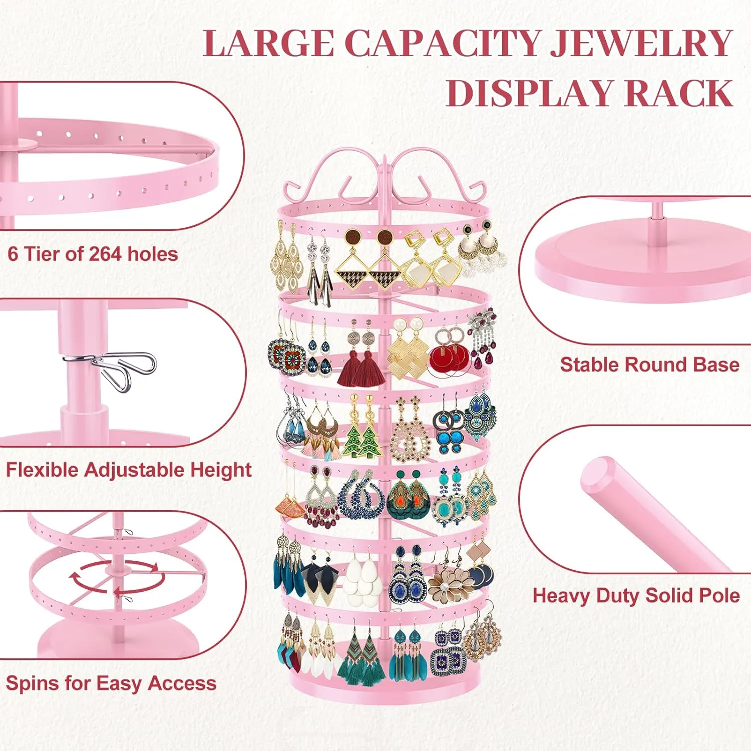 MODOWEY 6 Tier Rotating Metal Earring Holder Organizer Stand Adjustable Display Tree for Women, 264 Holes Large Storage Rack for Stud Post Dangling Hoop, Keep Earrings Neatly Arranged(Pink)