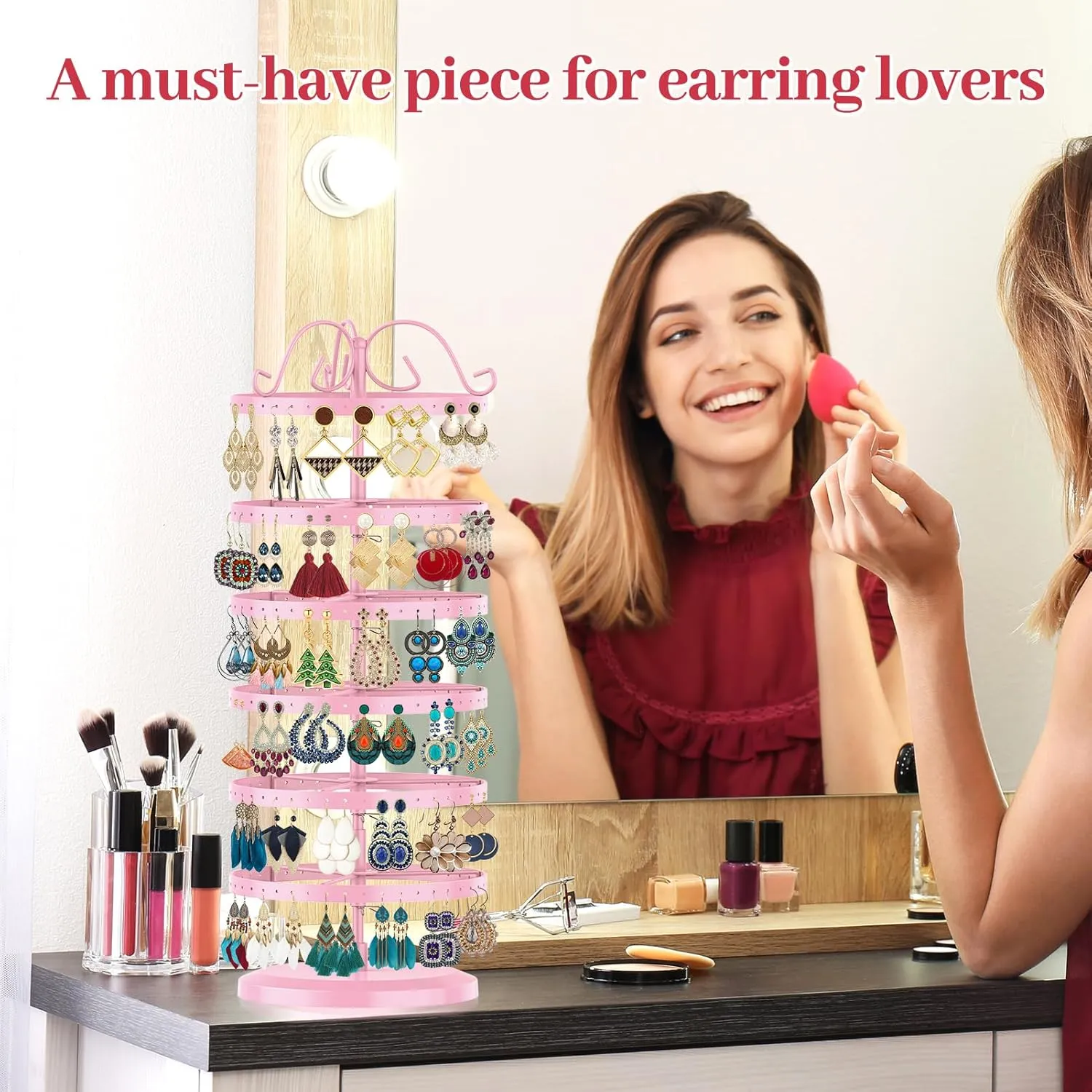 MODOWEY 6 Tier Rotating Metal Earring Holder Organizer Stand Adjustable Display Tree for Women, 264 Holes Large Storage Rack for Stud Post Dangling Hoop, Keep Earrings Neatly Arranged(Pink)
