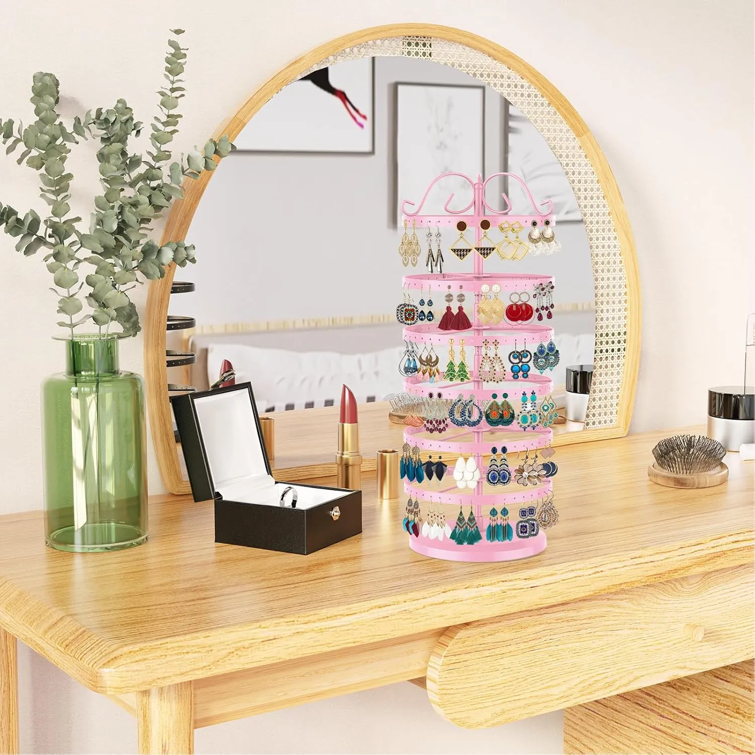 MODOWEY 6 Tier Rotating Metal Earring Holder Organizer Stand Adjustable Display Tree for Women, 264 Holes Large Storage Rack for Stud Post Dangling Hoop, Keep Earrings Neatly Arranged(Pink)