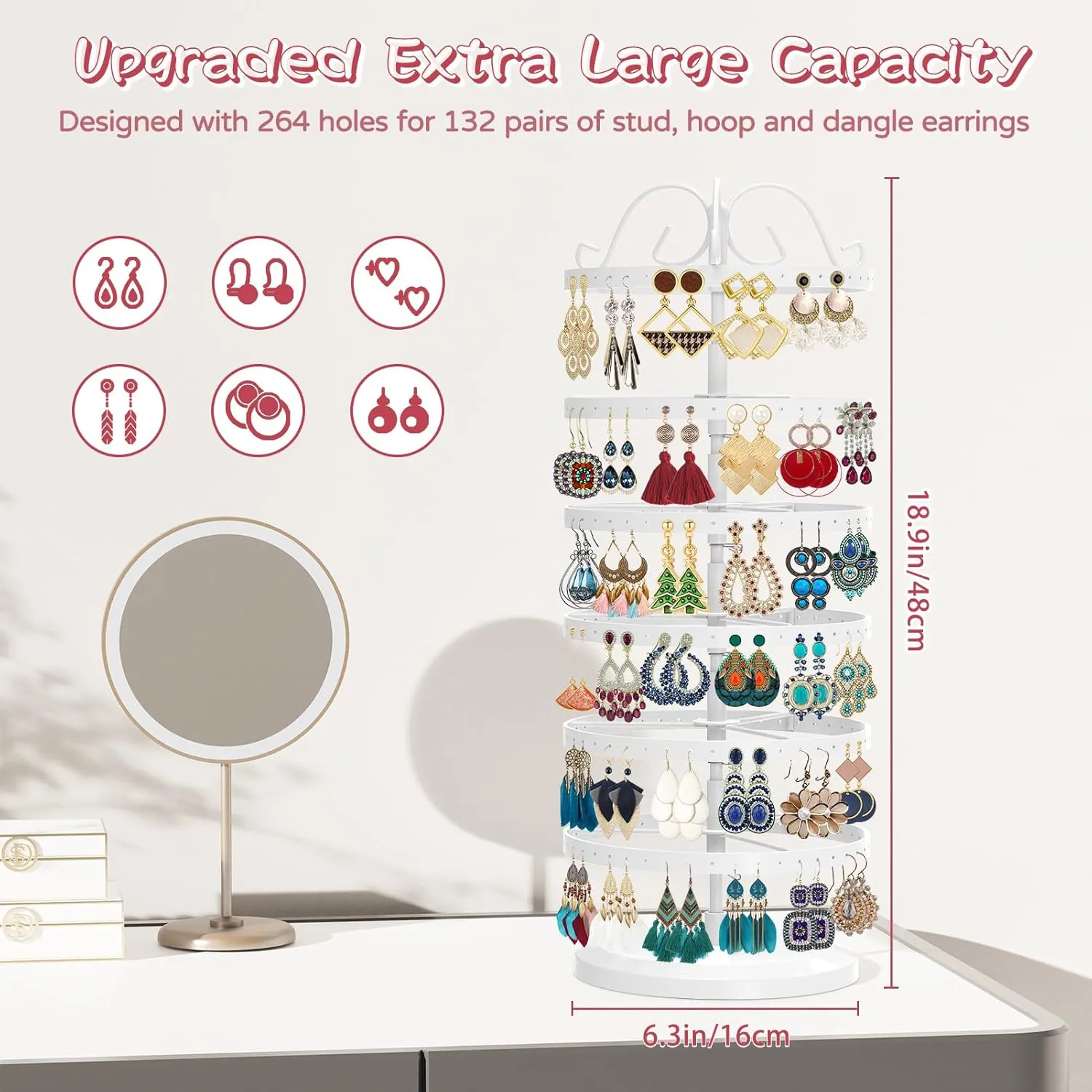 MODOWEY 6 Tier Rotating Metal Earring Holder Organizer Stand Adjustable Display Tree for Women, 264 Holes Large Storage Rack for Stud Post Dangling Hoop, Keep Earrings Neatly Arranged(White)