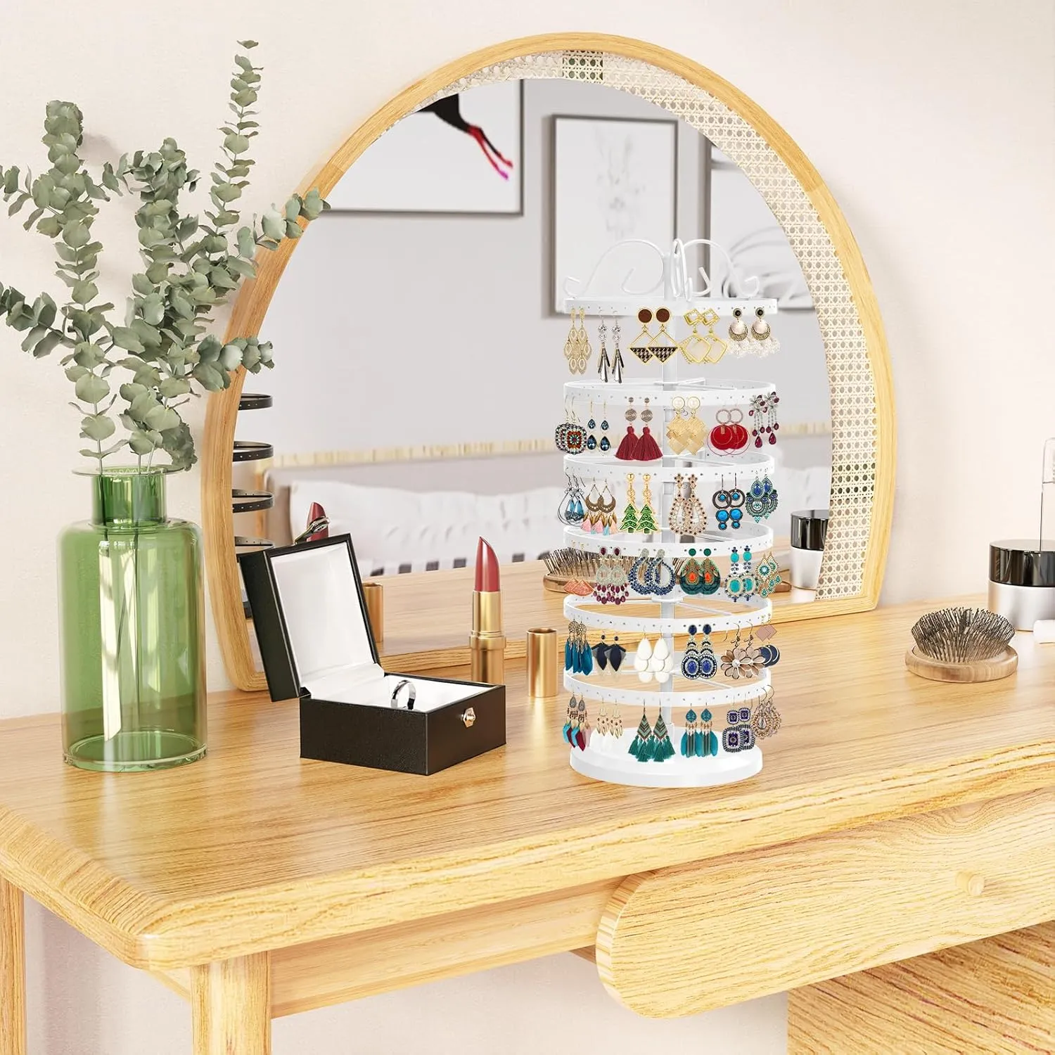 MODOWEY 6 Tier Rotating Metal Earring Holder Organizer Stand Adjustable Display Tree for Women, 264 Holes Large Storage Rack for Stud Post Dangling Hoop, Keep Earrings Neatly Arranged(White)
