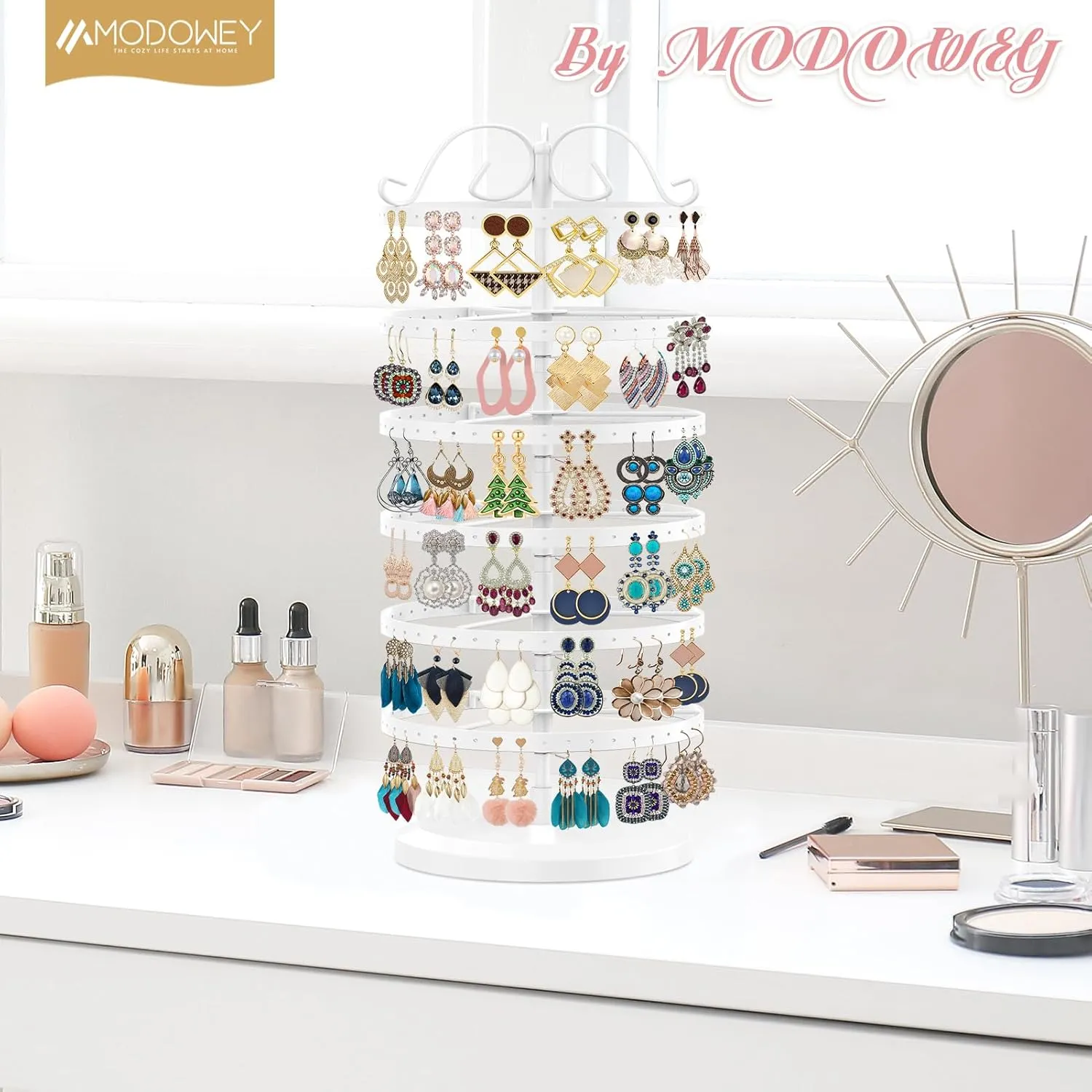 MODOWEY 6 Tier Rotating Metal Earring Holder Organizer Stand Adjustable Display Tree for Women, 264 Holes Large Storage Rack for Stud Post Dangling Hoop, Keep Earrings Neatly Arranged(White)