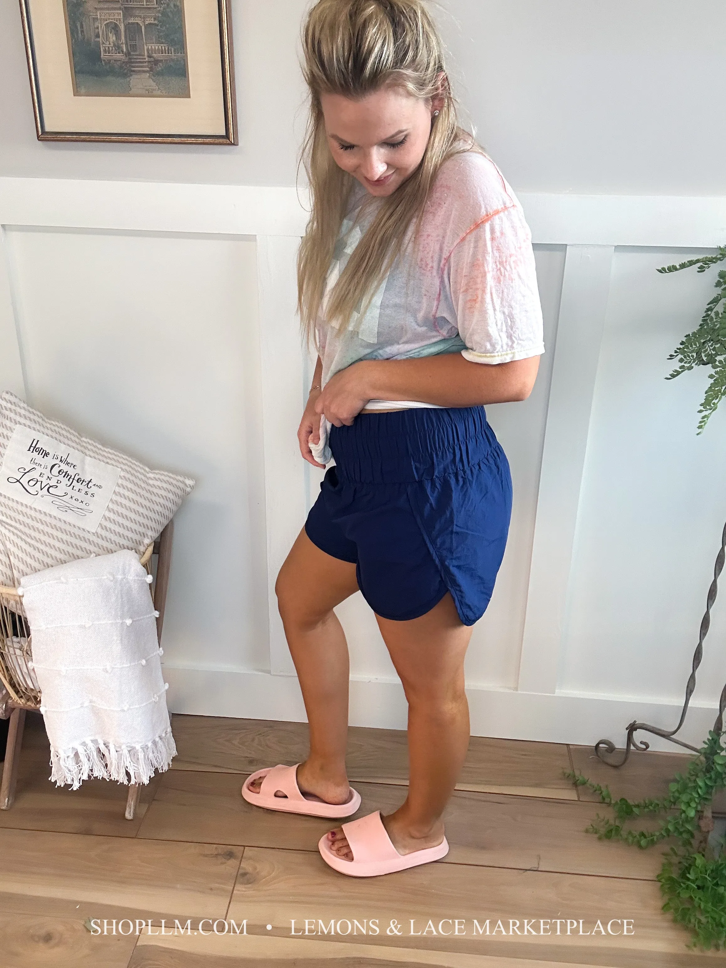 Navy Windbreaker Smocked Shorts