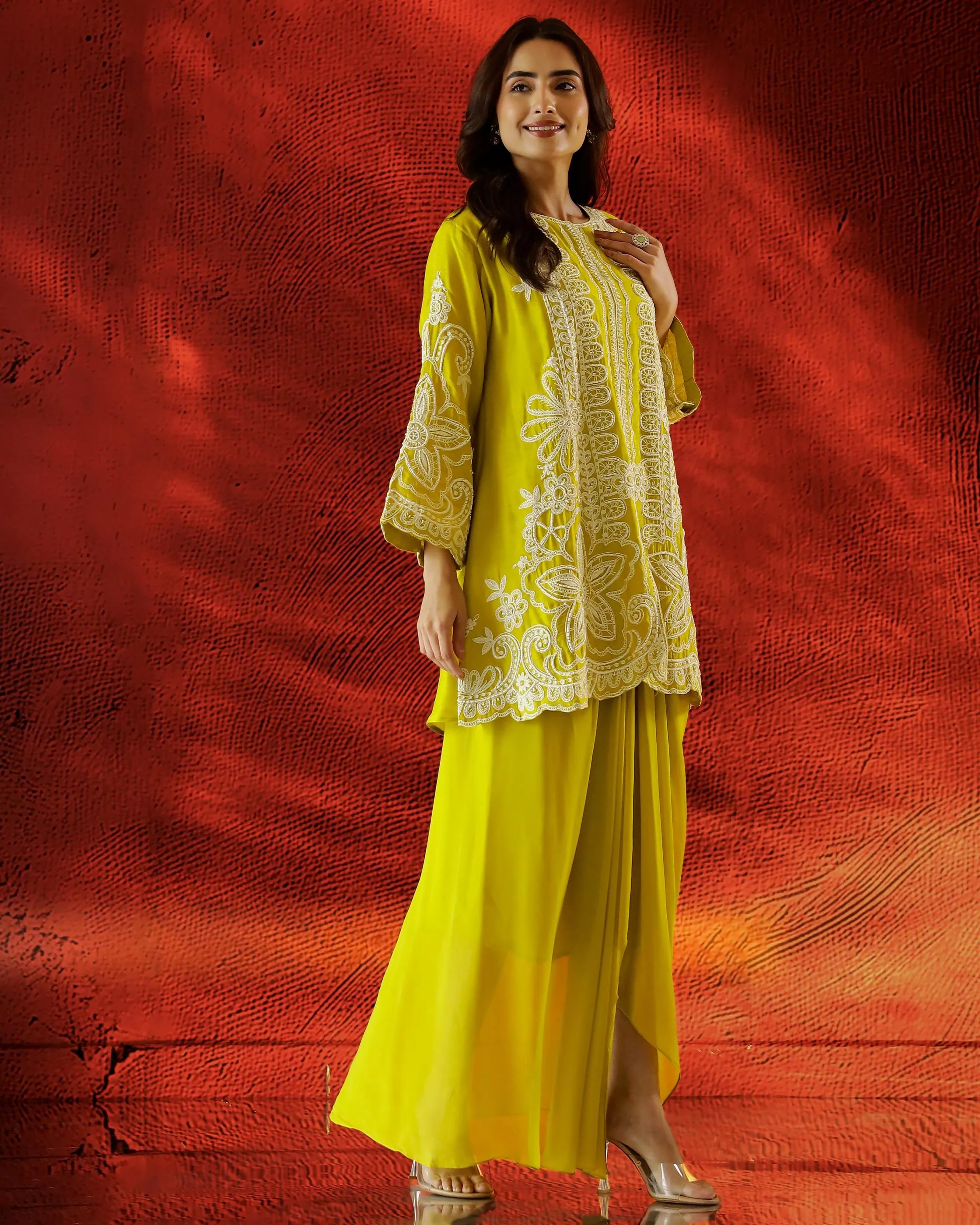 Pear Green Embroidered Raw Silk Kurta Set